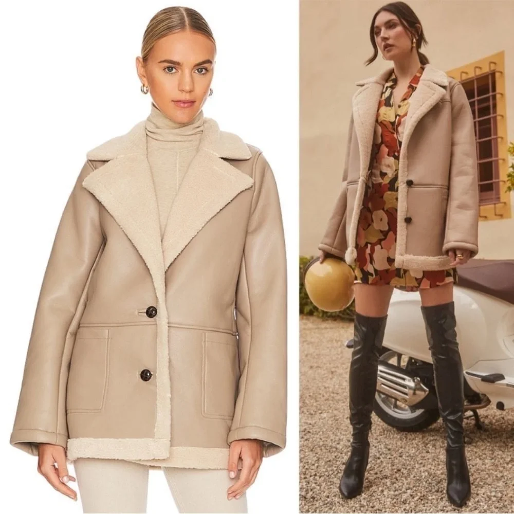 ASTR Revolve Taupe Francine Faux Leather Sherpa Winter Jacket Coat NWOT Large - Picture 2 of 5